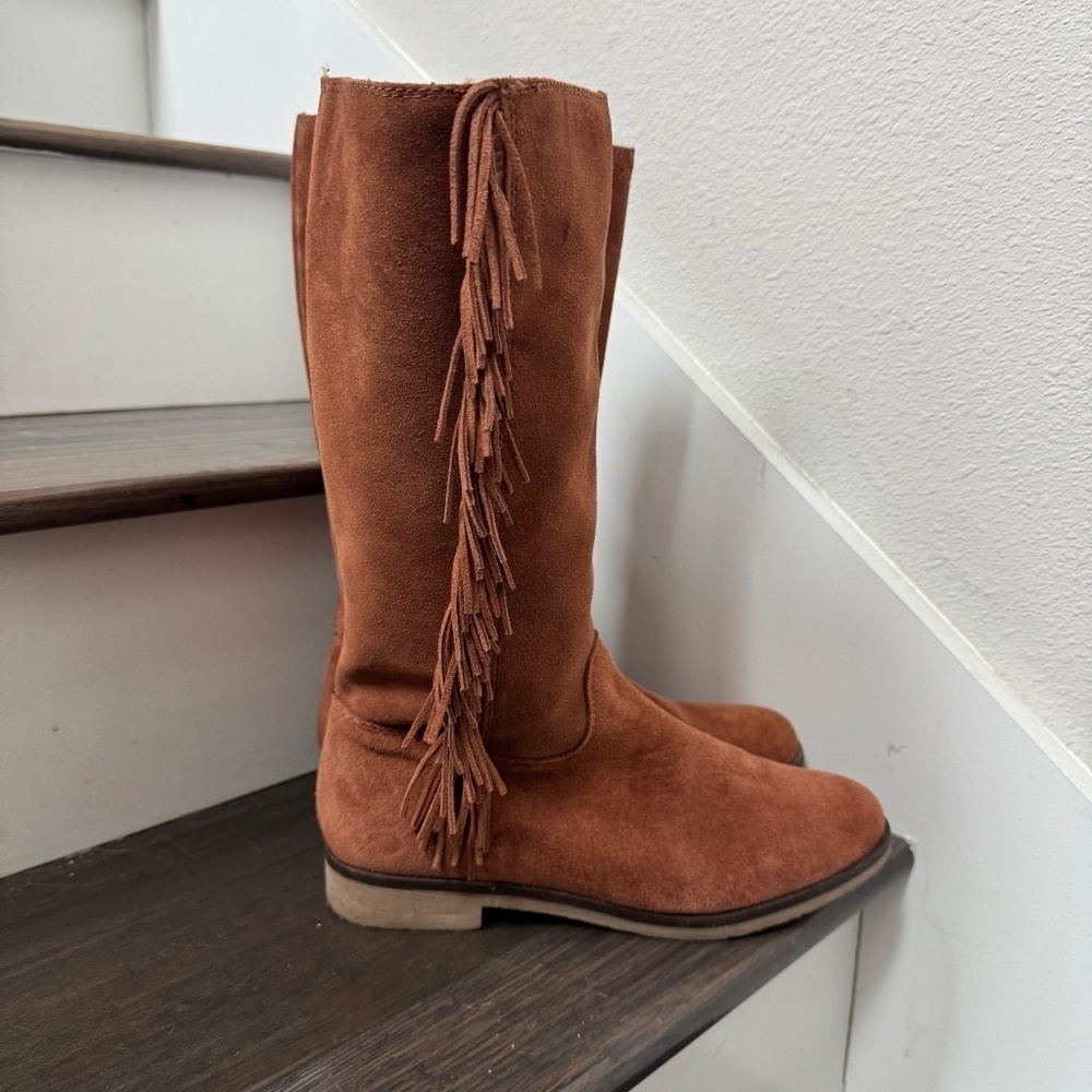 Lucky Brand Suede Fringe Brown Rodeo Campus Style Boho Leather Boots Size 8.5 - Picture 2 of 11